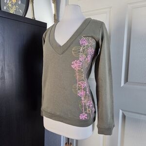 Green and pink floral V-neck hoodie sweatshirt Pacsun Split brand Large NEW